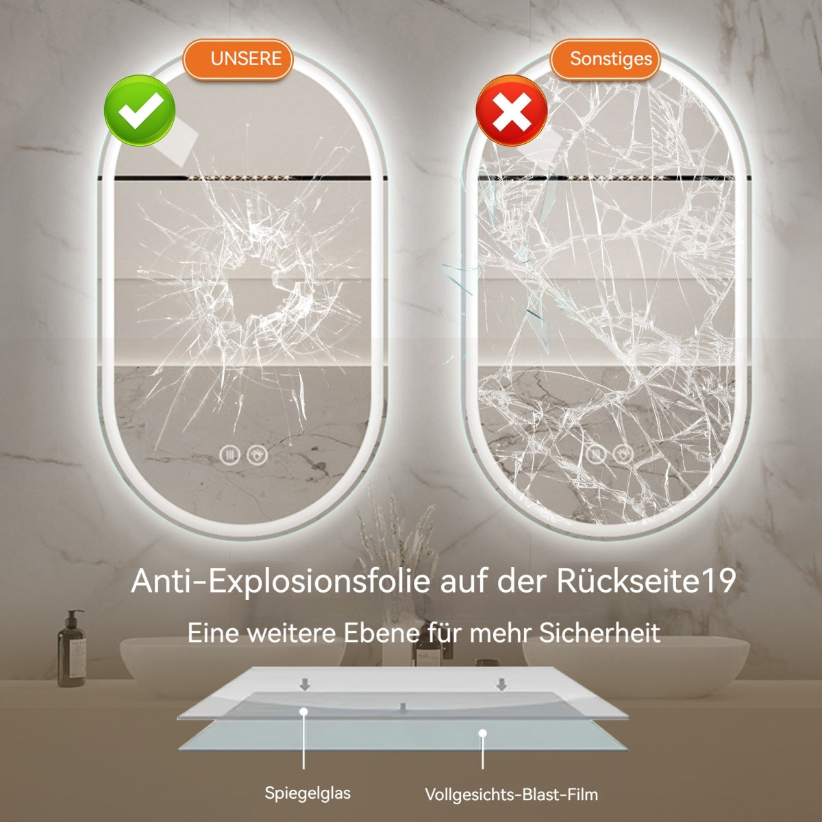 LED Badezimmerspiegel 60×100 cm Oval – rahmenlos, dimmbar, Anti-Beschlag, Touch-Steuerung, energiesparend, Wandspiegel mit Beleuchtung