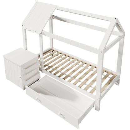 Hausbett Kinderbett 90x200 cm aus Massivholz mit Schubladen & abnehmbarem Nachttisch - Bodenbett in Weiß, ohne Matratze