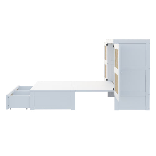 Schrankbett 140 x 200 cm, Wandbett mit Lattenrost, Wandklappbett, Rattan-Design, Holzbetten, Jugendbetten, Einzelbetten, Grau
