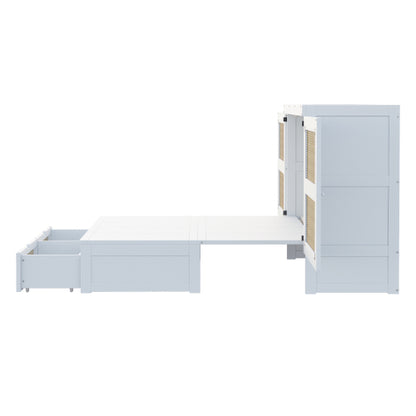 Schrankbett 140 x 200 cm, Wandbett mit Lattenrost, Wandklappbett, Rattan-Design, Holzbetten, Jugendbetten, Einzelbetten, Grau
