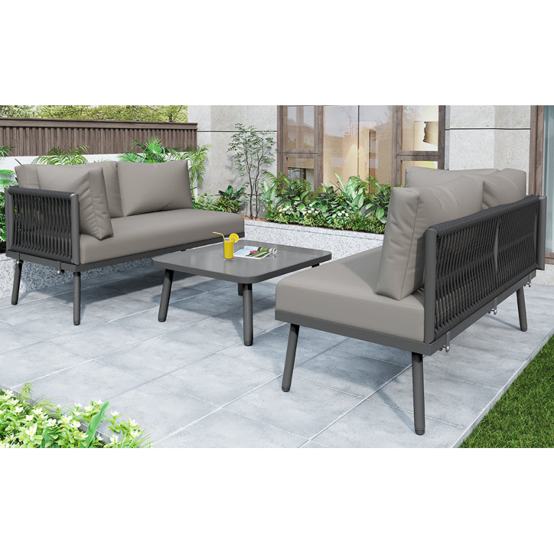 Garten-Lounge-Set aus Eisen, Gartenmöbel-Set aus grauem Seil, L-förmiges Gartenmöbel-Set, Lounge-Set aus grauem Seil mit Sitzkissen, verstellbaren Füßen, 2 Sofas und 1 Tisch