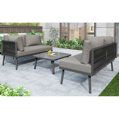 Garten-Lounge-Set aus Eisen, Gartenmöbel-Set aus grauem Seil, L-förmiges Gartenmöbel-Set, Lounge-Set aus grauem Seil mit Sitzkissen, verstellbaren Füßen, 2 Sofas und 1 Tisch