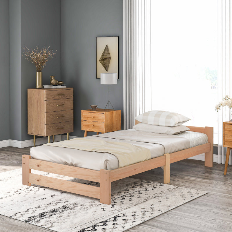 Solide Massivholzbett Futonbett Massivholz Natur Bett aus mit Kopfteil und Lattenrost , Natur (200x90cm)