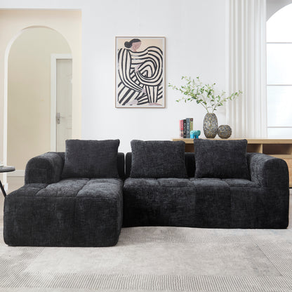 Modernes Sektionssofa, L-Sofa, 3-Sitzer-Sofa, keine Installation erforderlich, Chenille-Sofa mit Chaiselongue und Armlehnen, 3 Kissen, Seitentasche für Fernbedienung, Schwarz