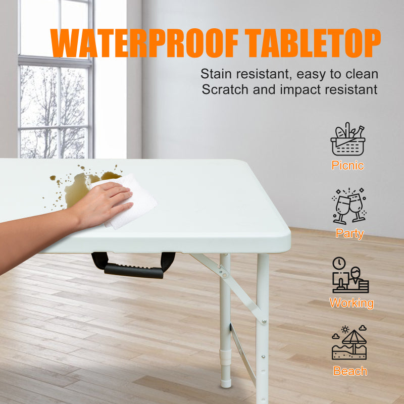 125cm Portable Heavy Duty Folding Table with Handle, Adjustable Height Foldable Table, Multi-Functional Fold up Table for Camping Picnic Parties Indoor/Outdoor, Capacity Weight 135KG (White)