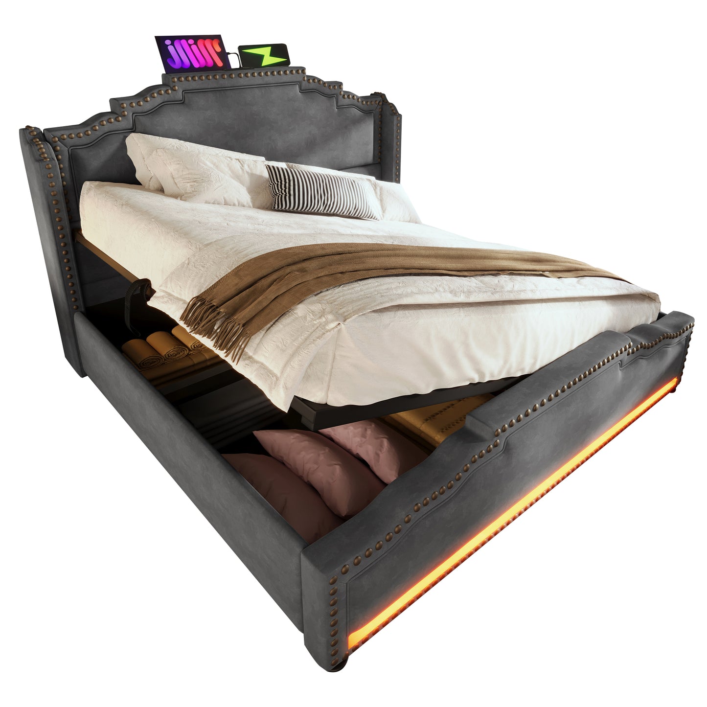 Polsterbett 140x200, Doppelbett mit hydraulischem Stauraum, LED-Beleuchtung und USB-C-Ladeanschluss, Stauraumbett und Jugendbett mit Lattenrost, Samt, Grau, Mit Matratze