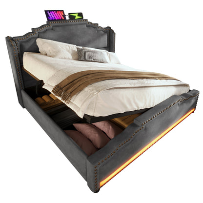 Polsterbett 140x200, Doppelbett mit hydraulischem Stauraum, LED-Beleuchtung und USB-C-Ladeanschluss, Stauraumbett und Jugendbett mit Lattenrost, Samt, Grau, ohne Matratze