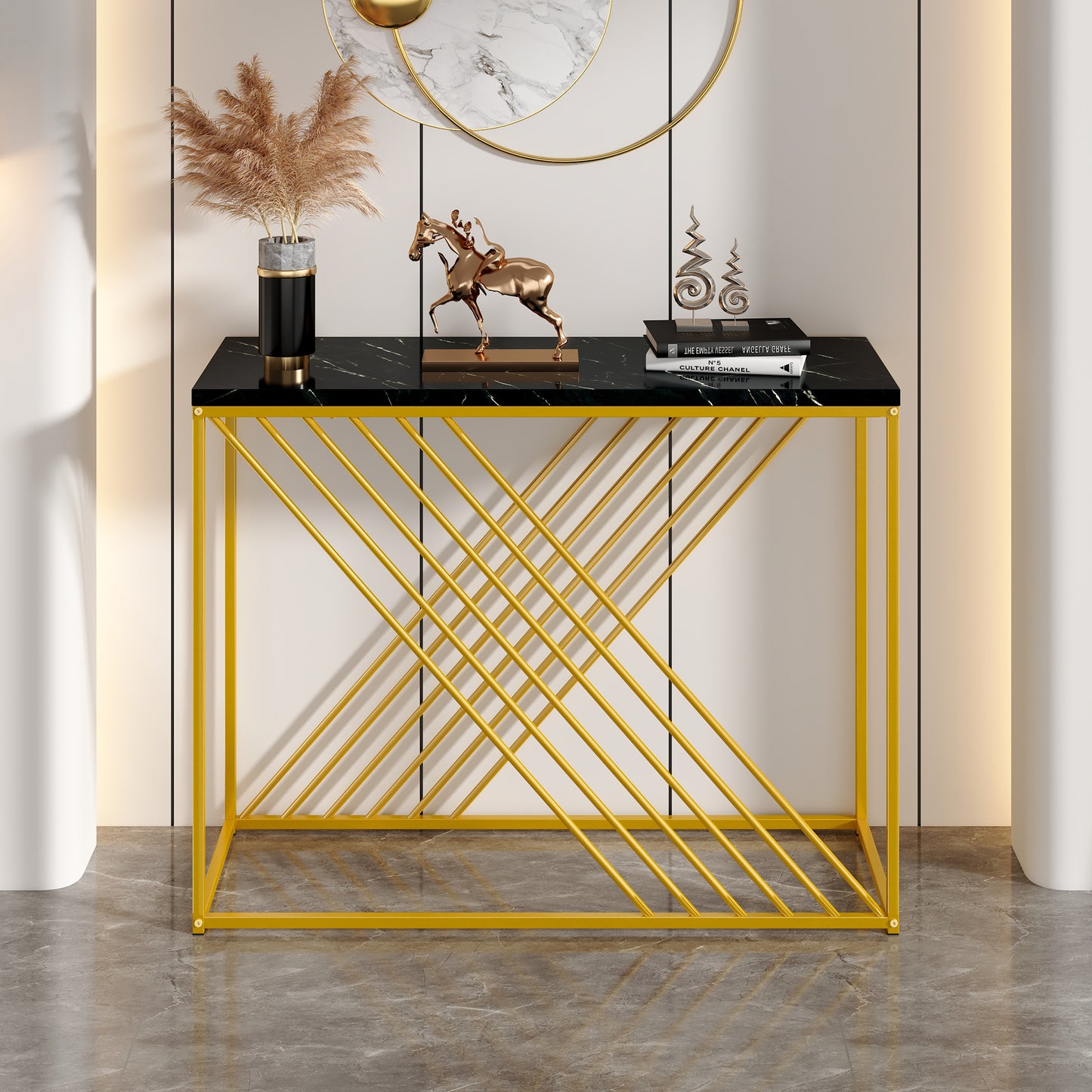 MDF Hochglanz Tisch für den Eingangsbereich, Konsolentisch, Flurtisch, Sideboard, Beistelltisch, Vintage, Schwarzer Tisch mit goldenem Fuß,