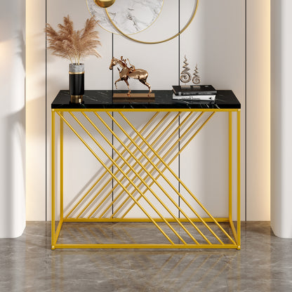 MDF Hochglanz Tisch für den Eingangsbereich, Konsolentisch, Flurtisch, Sideboard, Beistelltisch, Vintage, Schwarzer Tisch mit goldenem Fuß,