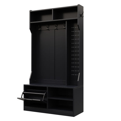 Garderobenset, Komplett-Set Flurgarderobe mit Sitzbank, 6 Haken, 1 Türen & 4 Offener Lagerraum, Schwarz