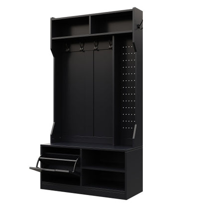 Garderobenset, Komplett-Set Flurgarderobe mit Sitzbank, 6 Haken, 1 Türen & 4 Offener Lagerraum, Schwarz