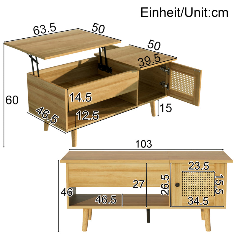 Eleganter Couchtisch mit anhebbarer Tischplatte und Rattan-Türen, Holzfarbe mit schwarzen Akzenten, ideal für das Wohnzimmer – Praktischer Stauraum und funktionales Design
