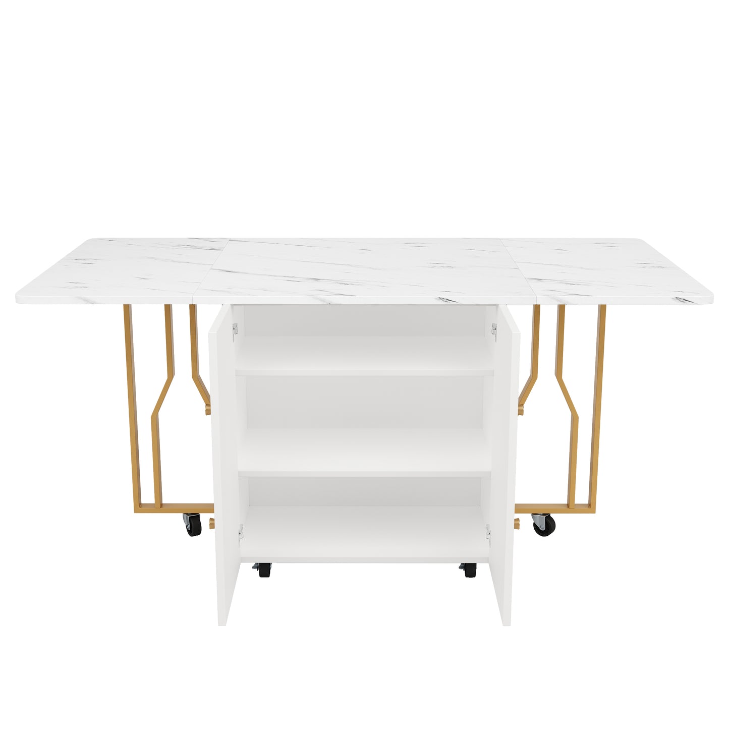 Tragbarer Esstisch, klappbare Tischplatte, marmorierte Tischplatte, geeignet für Esszimmer, Wohnzimmer, verstellbare Trennwände, große Ablagefächer, 6 Rollen (2 feststellbar), goldene Tischbeine