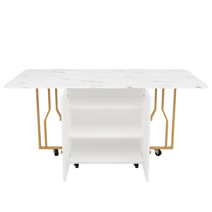 Tragbarer Esstisch, klappbare Tischplatte, marmorierte Tischplatte, geeignet für Esszimmer, Wohnzimmer, verstellbare Trennwände, große Ablagefächer, 6 Rollen (2 feststellbar), goldene Tischbeine