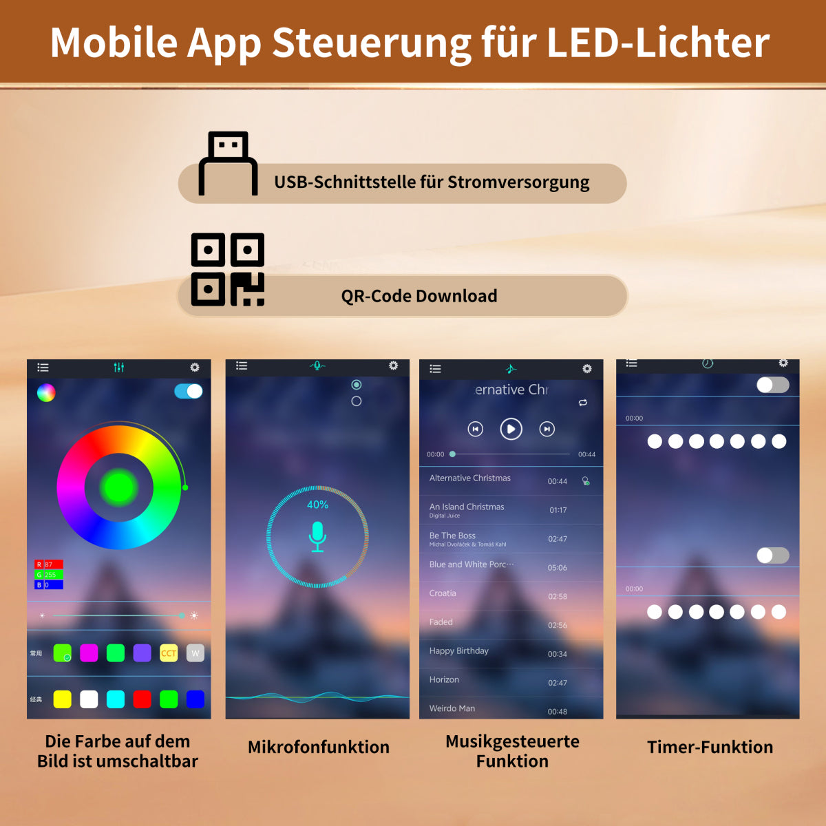 Ausziehbarer Esstisch 110-140x80cm mit LED-App-Steuerung & USB, Küchentisch Schwarz/Natur mit Glas-Schranktüren & Snackregal