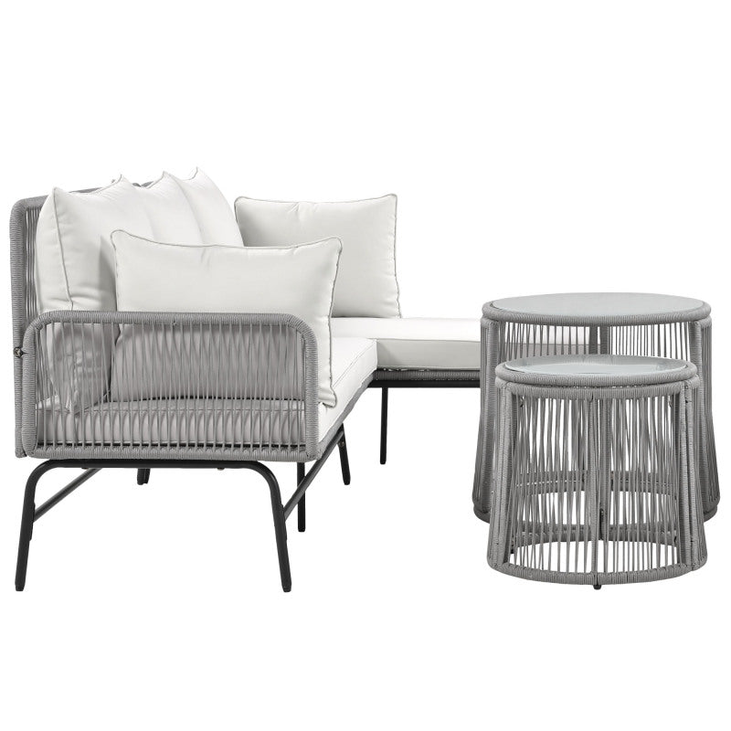 Gartenlounge-Set, Gartenmöbel-Set, Mit Eisenrahmen und grauem Seil, Gartenmöbel aus gewebtem Seil für den Außenbereich, Grau, Zwei Sessel, zwei 2-Sitzer-Sofas und zwei Tische (alle Kissen inklusive)