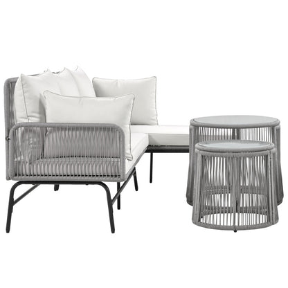 Gartenlounge-Set, Gartenmöbel-Set, Mit Eisenrahmen und grauem Seil, Gartenmöbel aus gewebtem Seil für den Außenbereich, Grau, Zwei Sessel, zwei 2-Sitzer-Sofas und zwei Tische (alle Kissen inklusive)