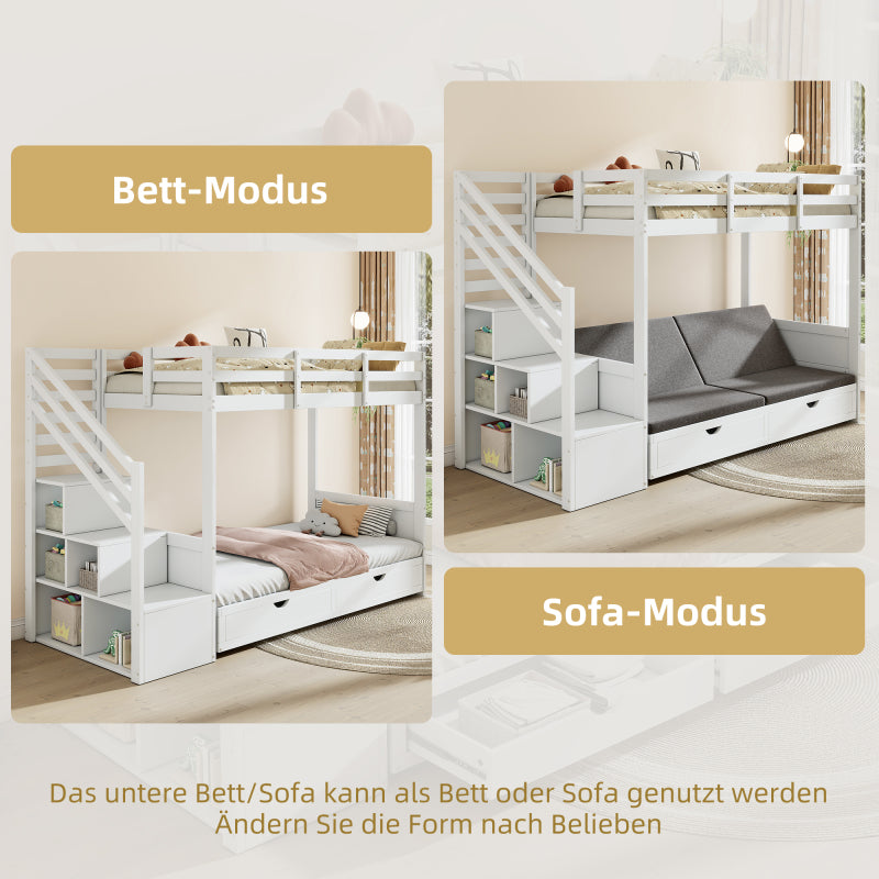 Kinder-Etagenbett, Doppelbett, multifunktionales Kinderbett,Mit Treppenschrank und 2 Schubladen, ohne Matratze, Die untere Ebene als Bett oder Sofa genutzt und enthält Kissen , weiß, 90*200