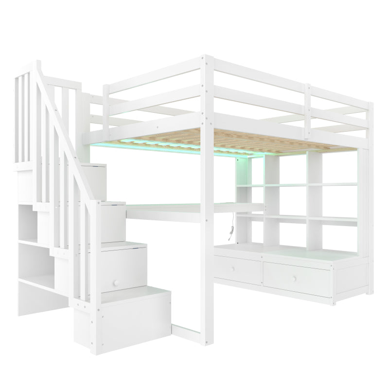 140x200 Hochbett mit Schreibtisch und Regalen, zwei integrierten Schubladen, Stauraumtreppe, weiß