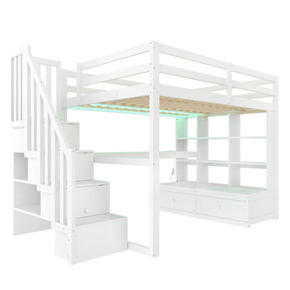 140x200 Hochbett mit Schreibtisch und Regalen, zwei integrierten Schubladen, Stauraumtreppe, weiß