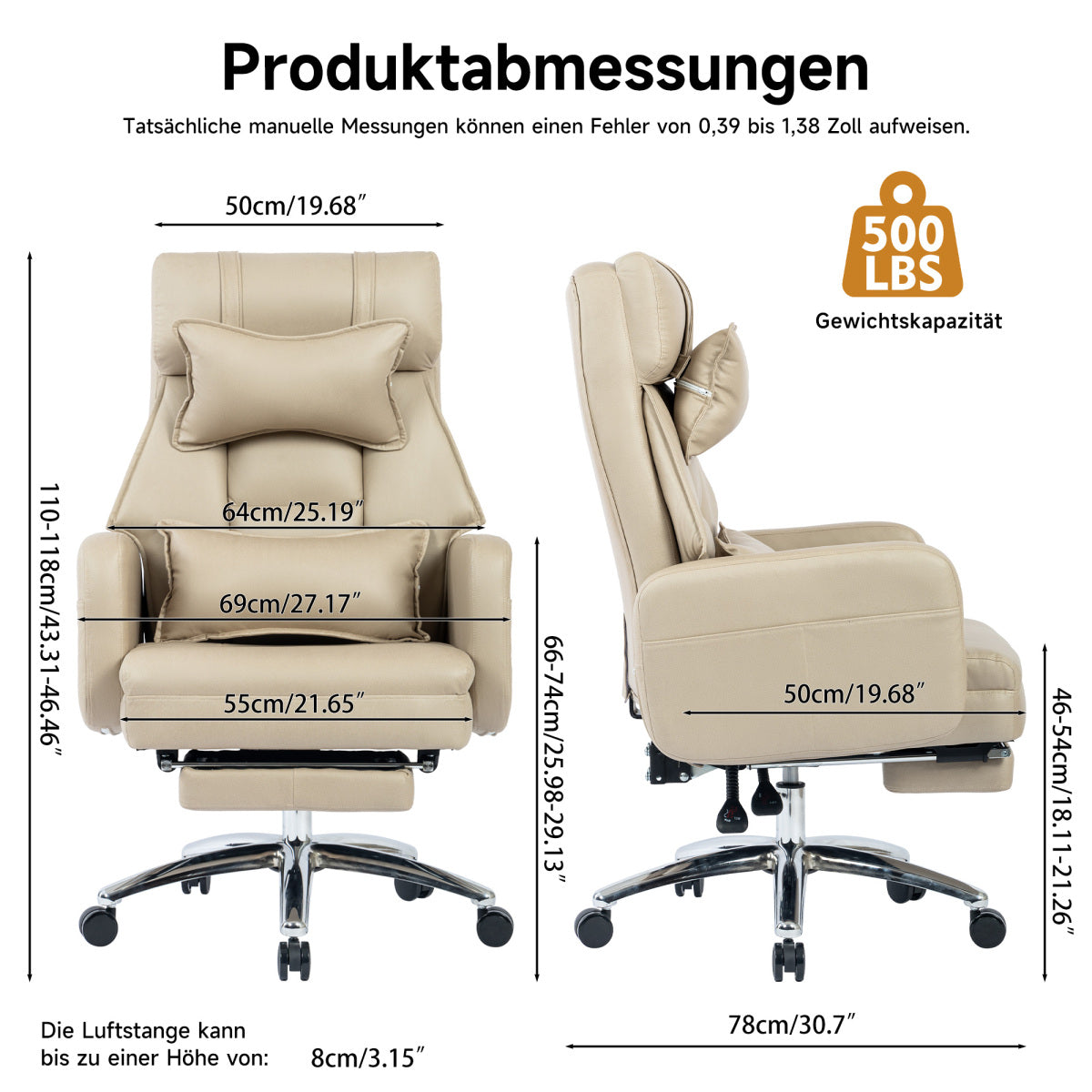 Ergonomischer Bürostuhl mit 155° Liegefunktion, Fußstütze, Tech-Leder, Beige