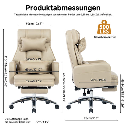 Ergonomischer Bürostuhl mit 155° Liegefunktion, Fußstütze, Tech-Leder, Beige