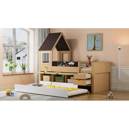 Etagenbett, Baumhausbett mit Schubladen und Ausziehbett, Mit Ausziehtisch, Reichlich Stauraum, Holzbett mit Fenster, Rahmen aus Kiefer, Graffiti-Tafel, Kiefer+MDF, weiß+Natur, 90x200&90*190cm