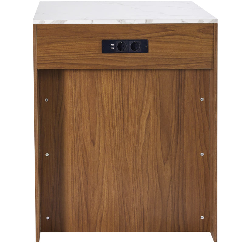 Ausziehbarer Bartisch mit Stauraum(110-124×78×97.5cm), für 2-6 Personen, Kücheninseln mit 2 Schubladen, 2 seitliche offene Regale und eingebaute Steckdose,Tischplatte aus weiß marmoriertem MDF,Braun