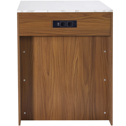 Ausziehbarer Bartisch mit Stauraum(110-124×78×97.5cm), für 2-6 Personen, Kücheninseln mit 2 Schubladen, 2 seitliche offene Regale und eingebaute Steckdose,Tischplatte aus weiß marmoriertem MDF,Braun