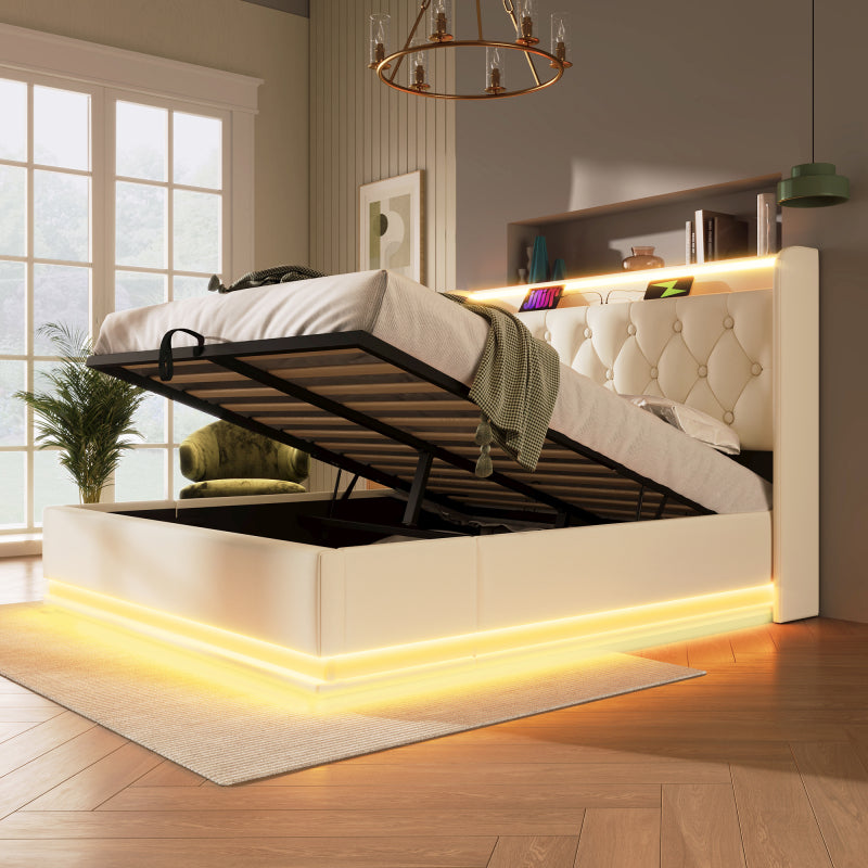 Polsterbett Doppelbett, 360-Surround-LED-Funktion, Drucktaste/App/Fernbedienung, 160*200 cm, weiß PU-Material Hydraulisches Lagerbett, gepolstertes Kopfteil mit USB Typ-C Ladefunktion (Mit Matratze)