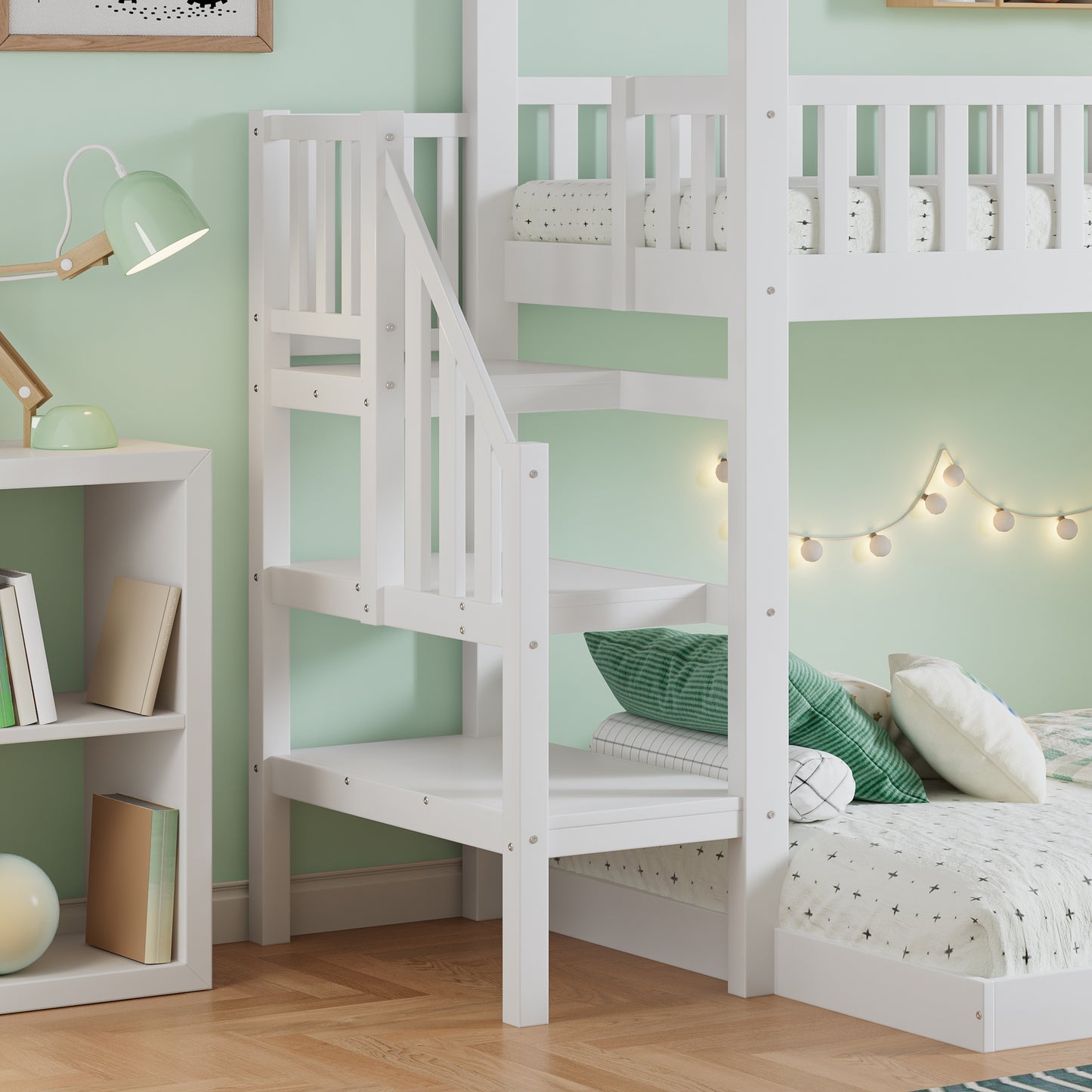 [29994142WAA]Etagenbett, Hausbett mit Treppe, Kinderbett mit Fallschutz und Gitter, Rahmen aus Kiefer, weiß (90x200&140*190cm)