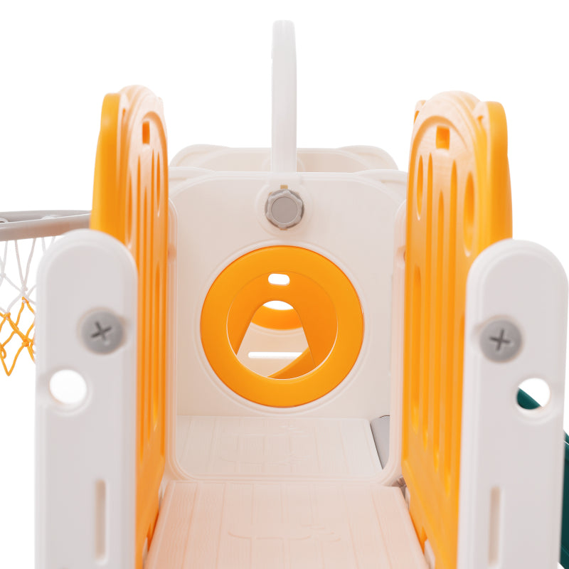 7-in-1-Rutsche für Kinder, bestehend aus Rutsche, Schaukel, Plattform, Unterschrank, Lochbohrspiel, Basketballkorb und Treppe - hochdichtes Polyethylen (Ozeanball nicht enthalten)