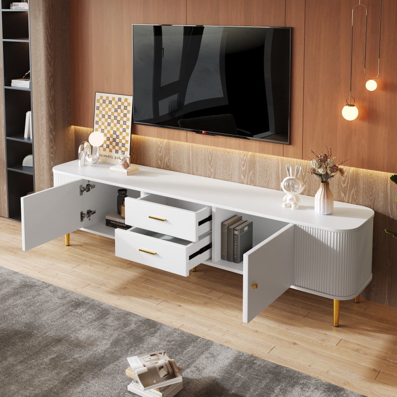 TV-Schrank mit Schubladen, geschwungenen Ecken, Wohnzimmer-TV-Schrank mit gewellten Seiten, goldenen Griffen und Beinen