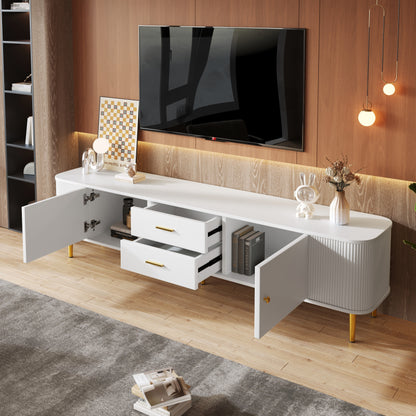 TV-Schrank mit Schubladen, geschwungenen Ecken, Wohnzimmer-TV-Schrank mit gewellten Seiten, goldenen Griffen und Beinen