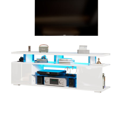Moderner Low-Panel-Hochglanz-TV-Ständer mit LED-Beleuchtung, TV-Panel, TV-Glasschrank für 60-Zoll-Fernseher, Tische, universelle Gaming-Medienständer, Stauschränke und große Stauräume, Reinweiß