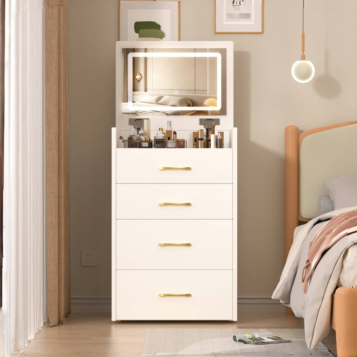 3-in-1-Schminktisch mit Klappspiegel, Glastischplatte, 3 Schubladen, Weiß