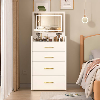 3-in-1-Schminktisch mit Klappspiegel, Glastischplatte, 3 Schubladen, Weiß