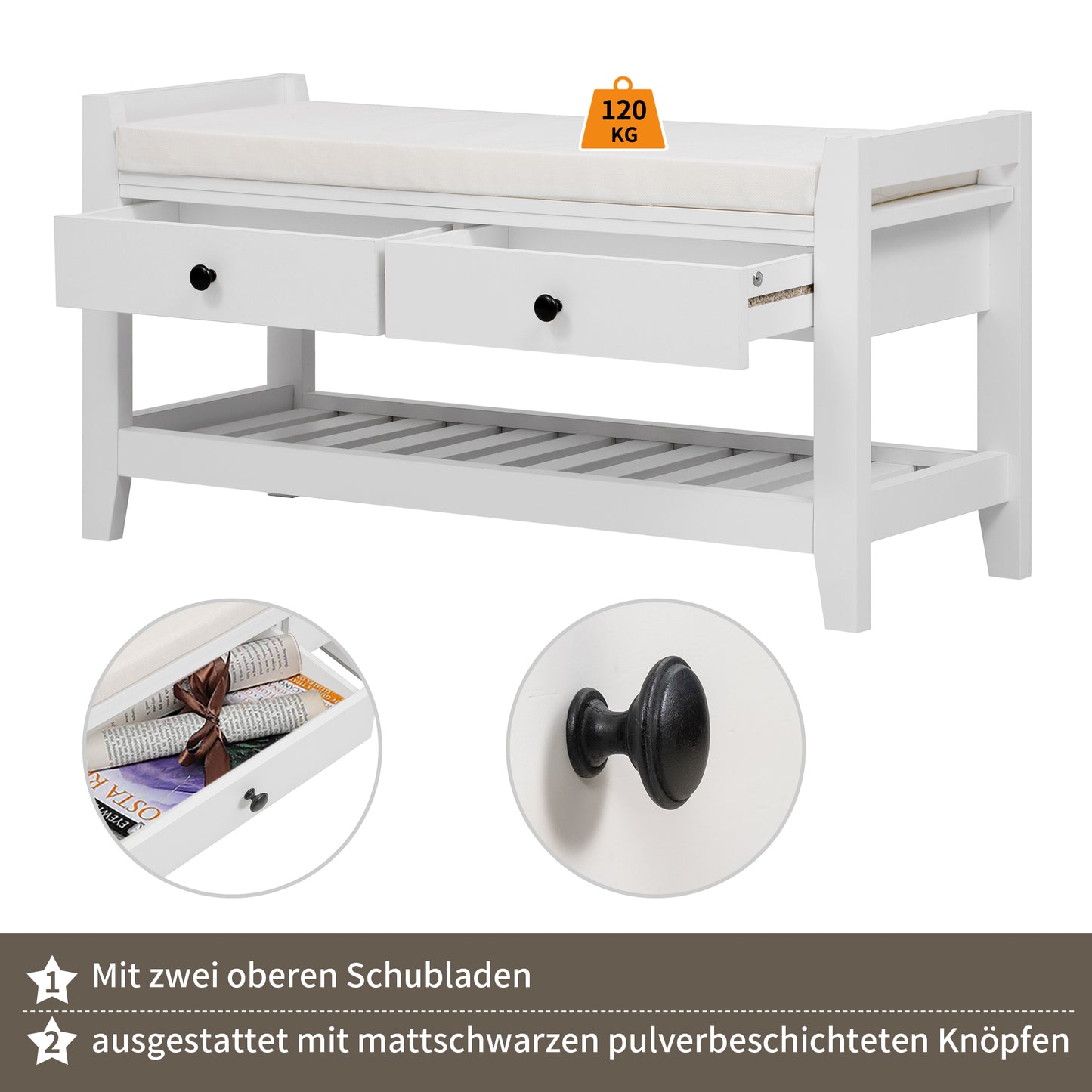 Moderne Schuhbank mit Sitzfläche und Stauraum, Soft Kissen-Oberfläche, Schuhregal für Eingangsbereich, Weiß