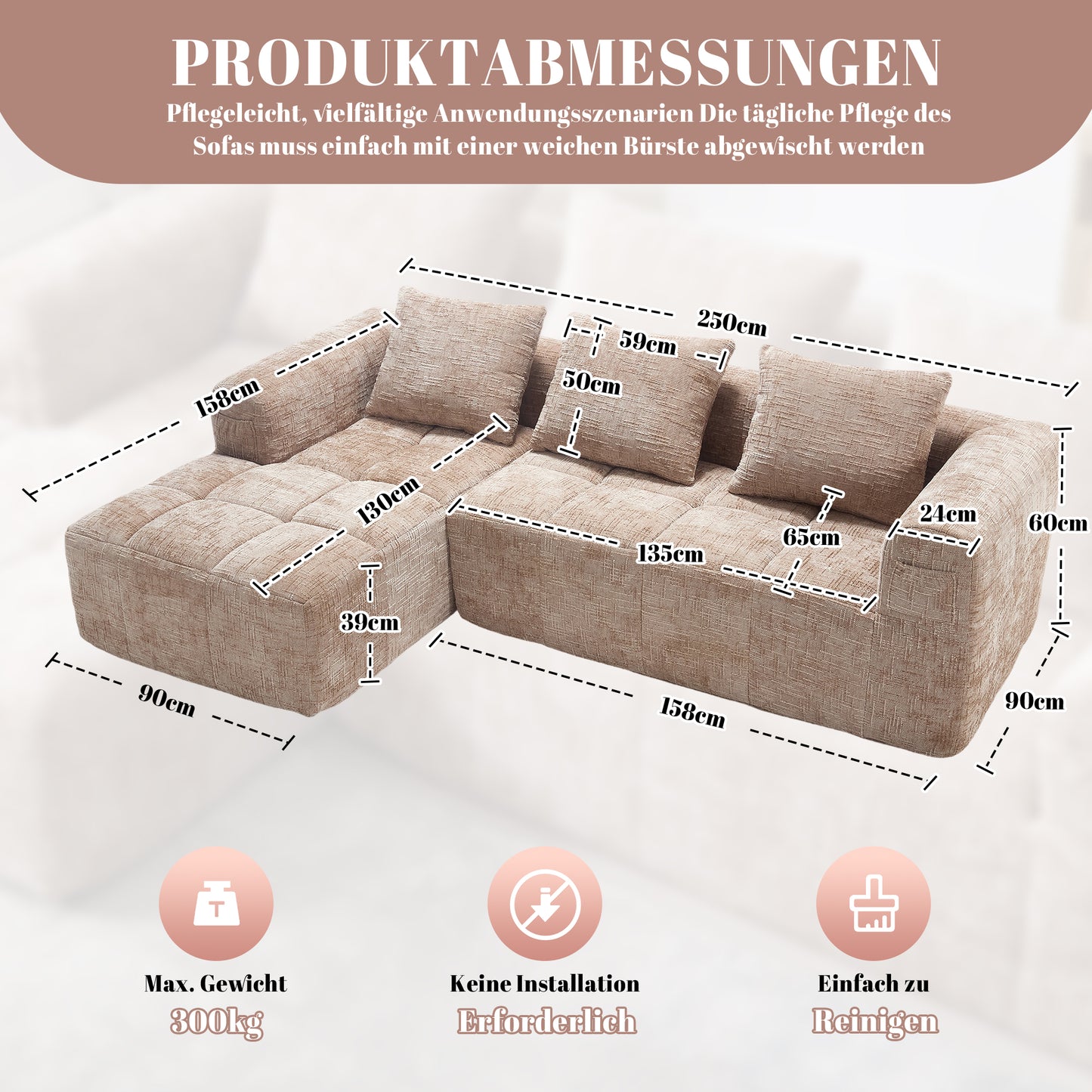 Modernes Sektionssofa, L-Sofa, 3-Sitzer-Sofa, keine Installation erforderlich, Chenille-Sofa mit Chaiselongue und Armlehnen, 3 Kissen, Seitentasche für Fernbedienung, khaki