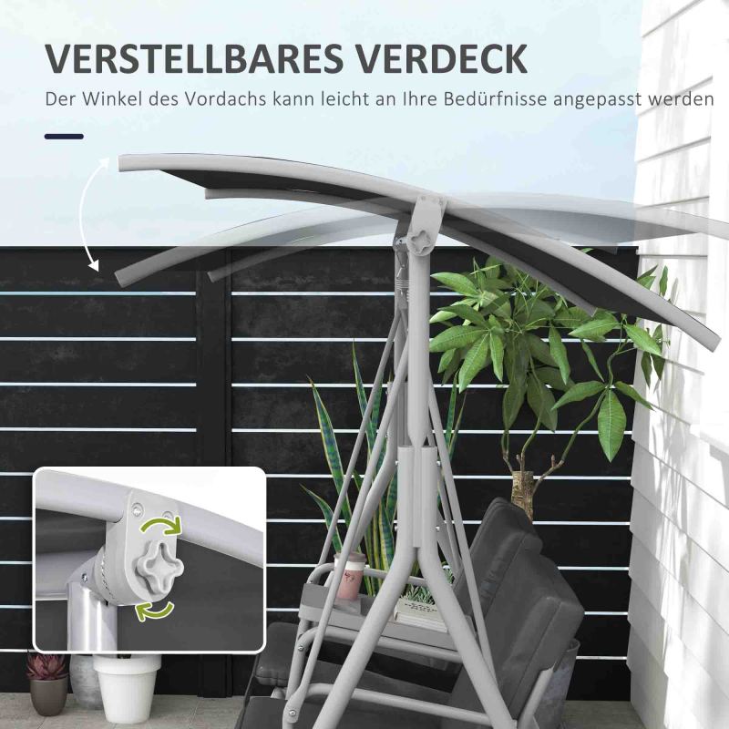 Hollywoodschaukel 2-Sitzer Schaukelbank mit Baldachin, Tasche, Gartenschaukel mit Tablett, bis 180 kg Belastbar, für Garten, Balkon, Schwarz