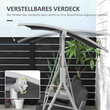 Hollywoodschaukel 2-Sitzer Schaukelbank mit Baldachin, Tasche, Gartenschaukel mit Tablett, bis 180 kg Belastbar, für Garten, Balkon, Schwarz