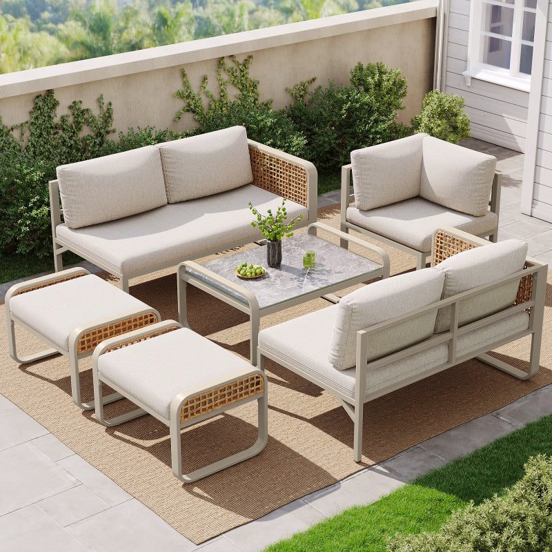 Garten-Lounge-Set, Rattan-Möbel-Set für 6-7 Personen, Ecksofa mit verzinktem Eisengestell, verstellbare Beine, inklusive aller Sitz- und Rückenkissen, beige