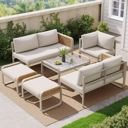 Garten-Lounge-Set, Rattan-Möbel-Set für 6-7 Personen, Ecksofa mit verzinktem Eisengestell, verstellbare Beine, inklusive aller Sitz- und Rückenkissen, beige