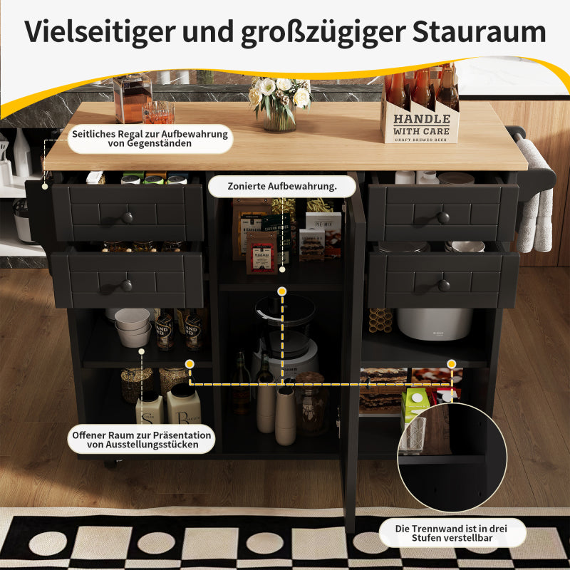 Moderne Kücheninsel (127×46×91,5cm) Küchenschrank Essschrank mit Holzmaserung Esswagen mit multifunktionalem Stauraum und herausnehmbaren Trennwänden, schwarz