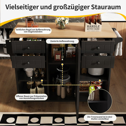 Moderne Kücheninsel (127×46×91,5cm) Küchenschrank Essschrank mit Holzmaserung Esswagen mit multifunktionalem Stauraum und herausnehmbaren Trennwänden, schwarz