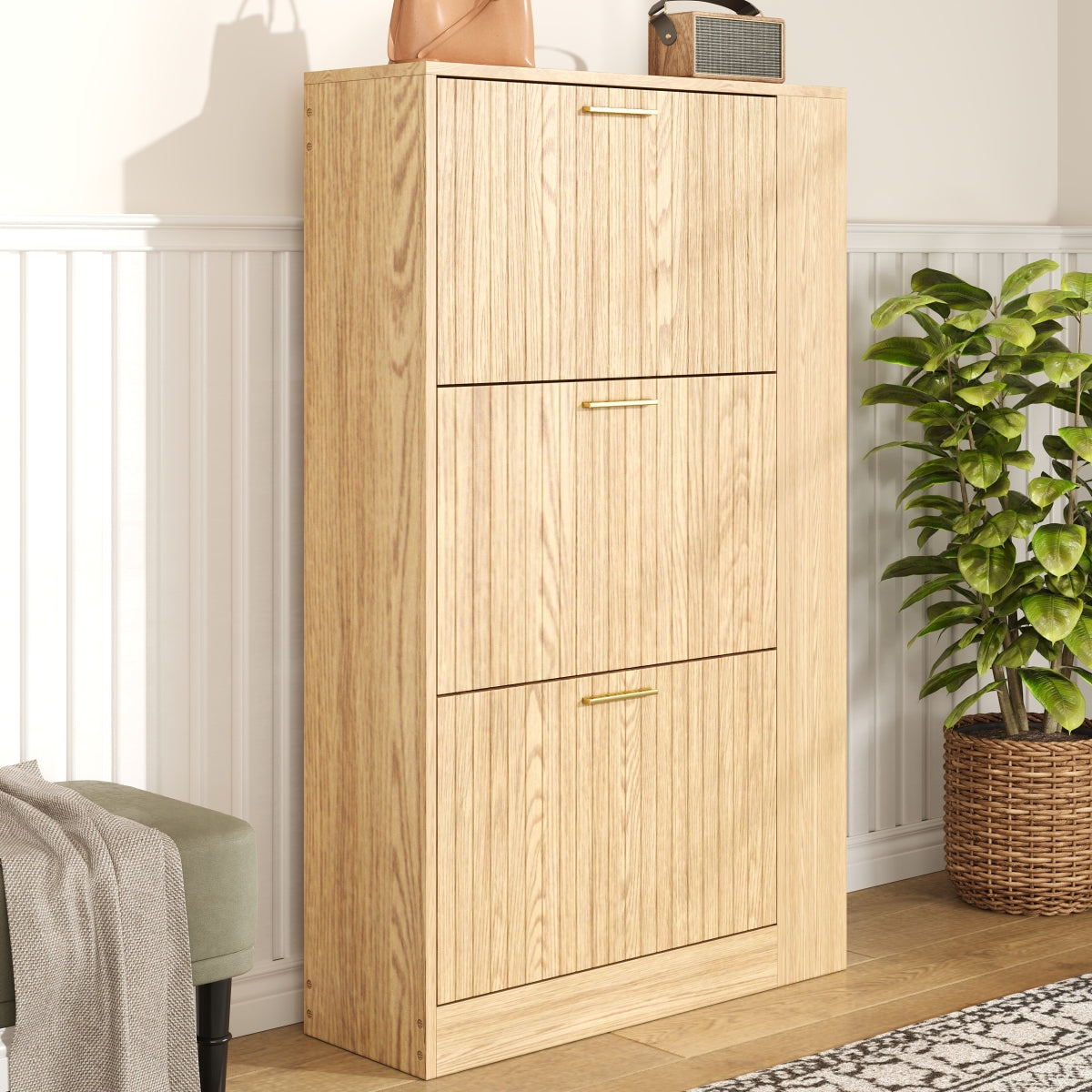 Moderner Schuhschrank aus Holz - 3 Türen, Großes Fassungsvermögen & Offene Regalfächer - Stilvoller Schuhkipper für Eingangsbereich & Foyer