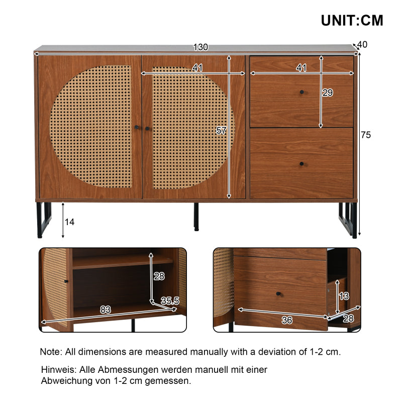 Sideboard mit 2 Rattan verzierten Türen und 2 Schubladen Kommode Küchenschrank, Mehrzweckschrank, Highboard mit Metallgriffe, für Schlafzimmer & Wohnräume & Büro