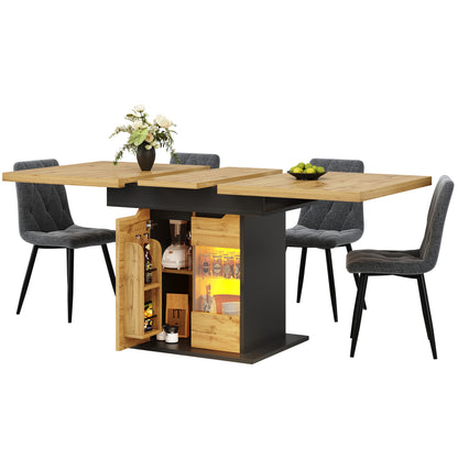 Ausziehbarer Esstisch 110-140x80cm mit LED-App-Steuerung & USB, Küchentisch Schwarz/Natur mit Glas-Schranktüren & Snackregal