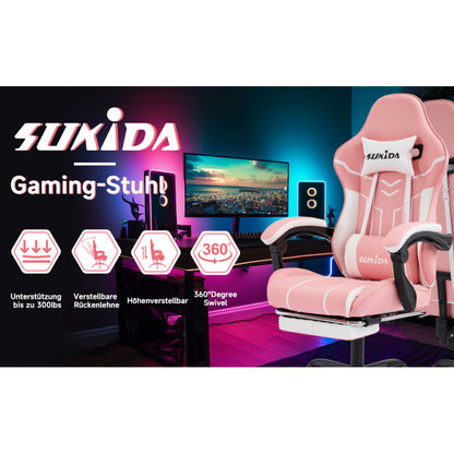 Gaming Stuhl Computerstuhl Ergonomischer Gaming Chair mit Fußstütze Bürostuhl Ergonomischer Computerstuhl mit Lendenwirbelstütze Pinkwhite