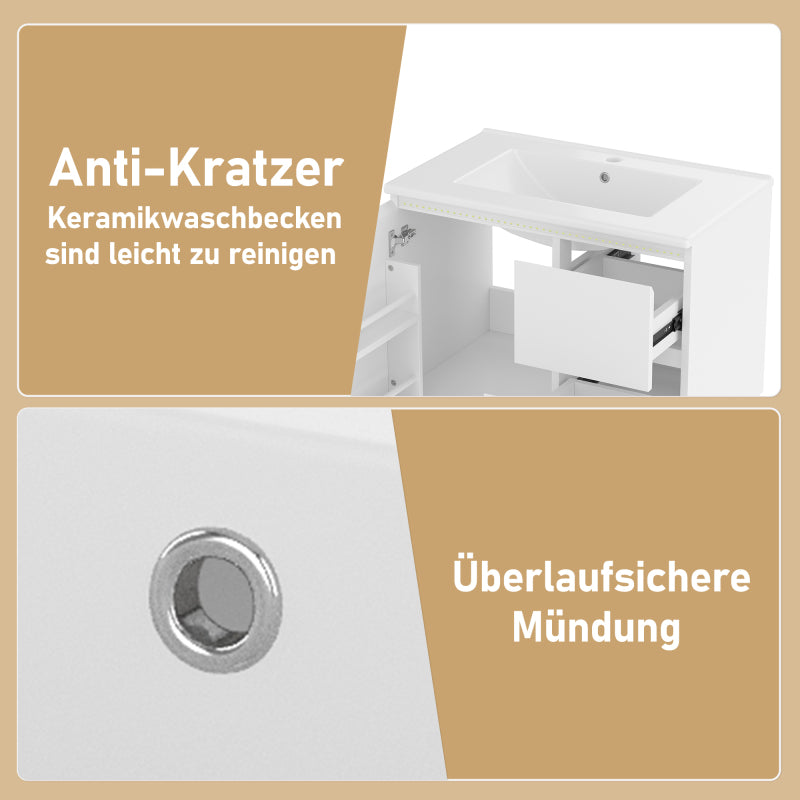 76x46x50cm wandhängend Badezimmerschränk, komplett lackiert, LED-Radarsensor-Beleuchtung, Waschtisch, zwei Schubladen, leise Gleitschienen, linke und rechte Ablage, integriertes Waschbecken, weiß